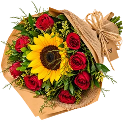 Buquê Sol de Amor – Rosas Vermelhas com Girassol