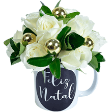 Arranjo Rosas Brancas Feliz Natal Na Caneca