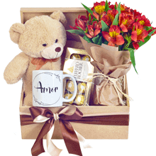 Cesta de Chocolate com Urso e Flores